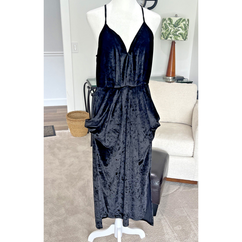 BCBGeneration Black Velvet MIDI Dress Sz M Stretch Plunge Harem Goth Comfort